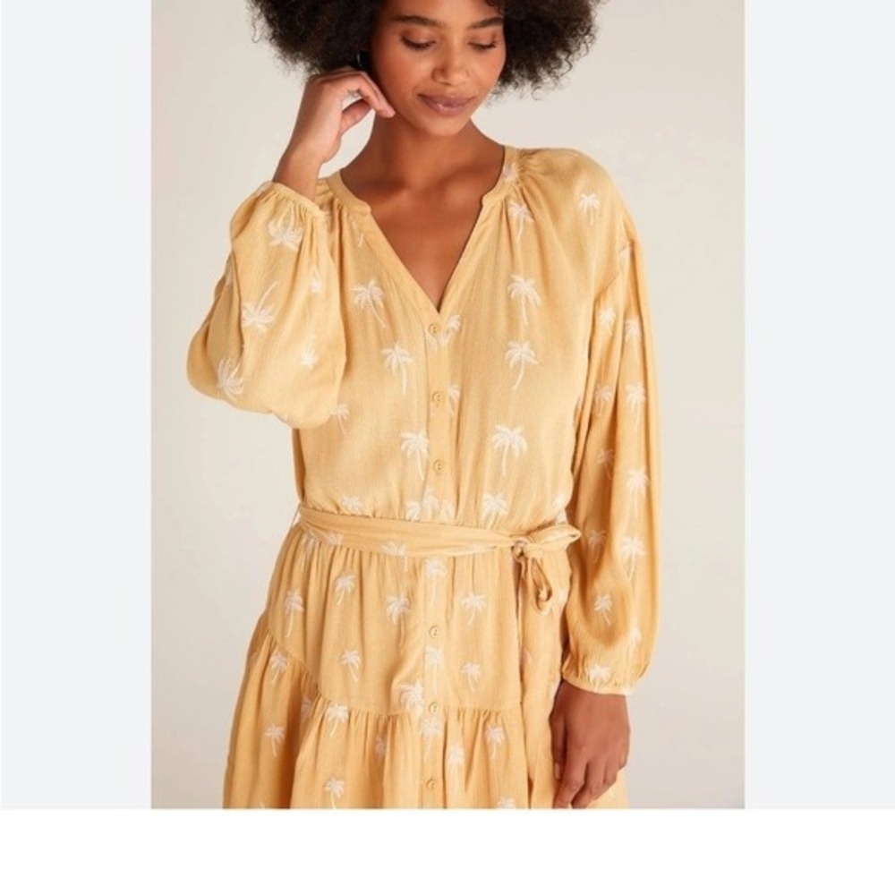 Z SUPPLY Mini Dress Womens Medium Yellow Palm Tree Embroidered Tiered Boho Boho